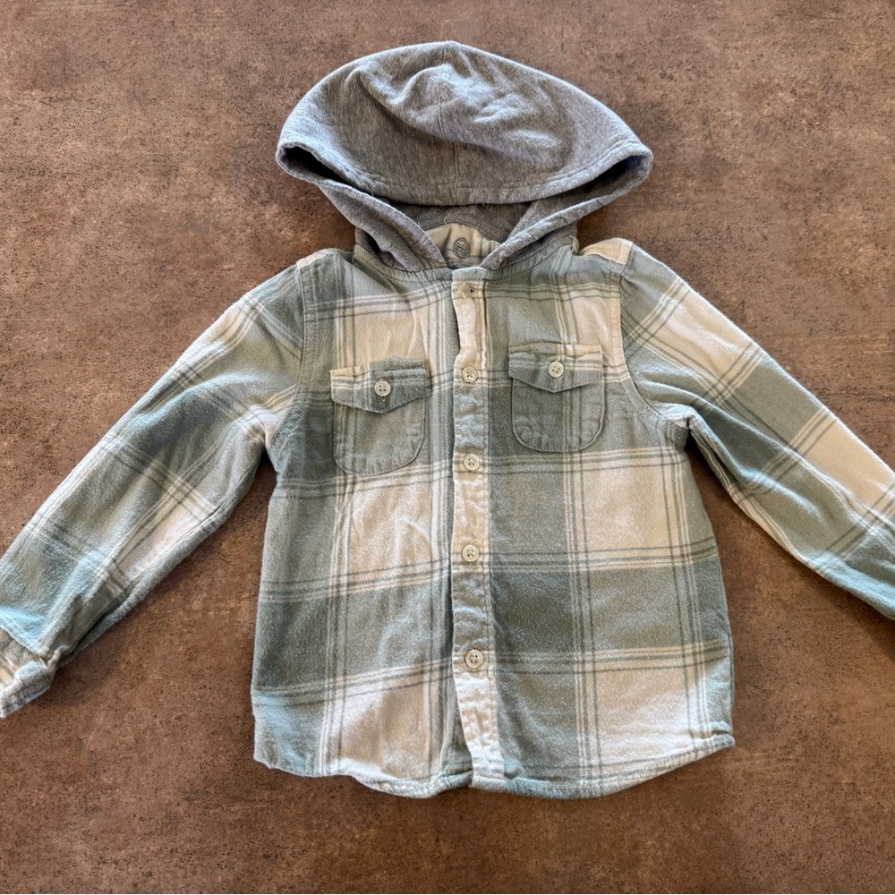 Wonder Nation Plaid Hooded Kids Long Sleeve Button Down Shirt Green&White, 5T